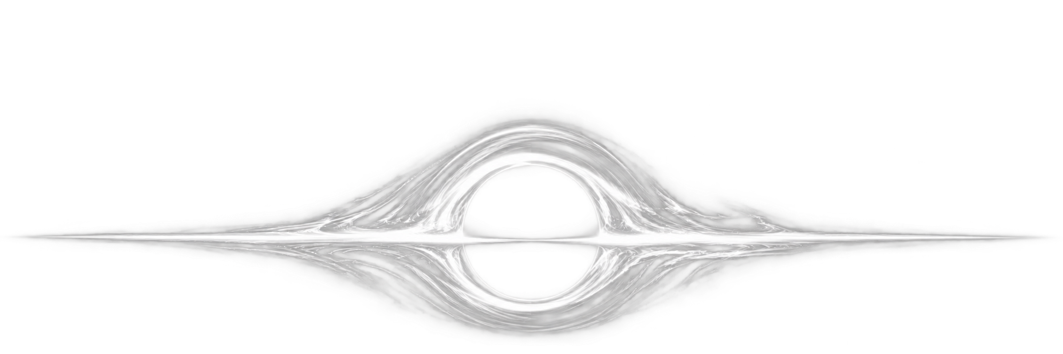 A silver event horizon bends light around a black void in deep space