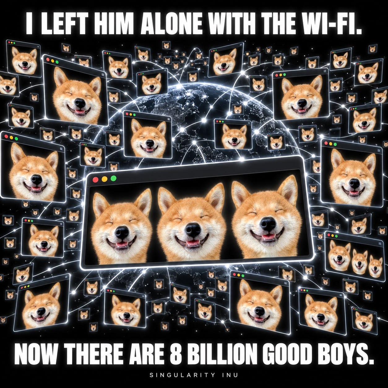A Shiba spreads across connected browser windows around Earth: now there are 8 billion good boys.