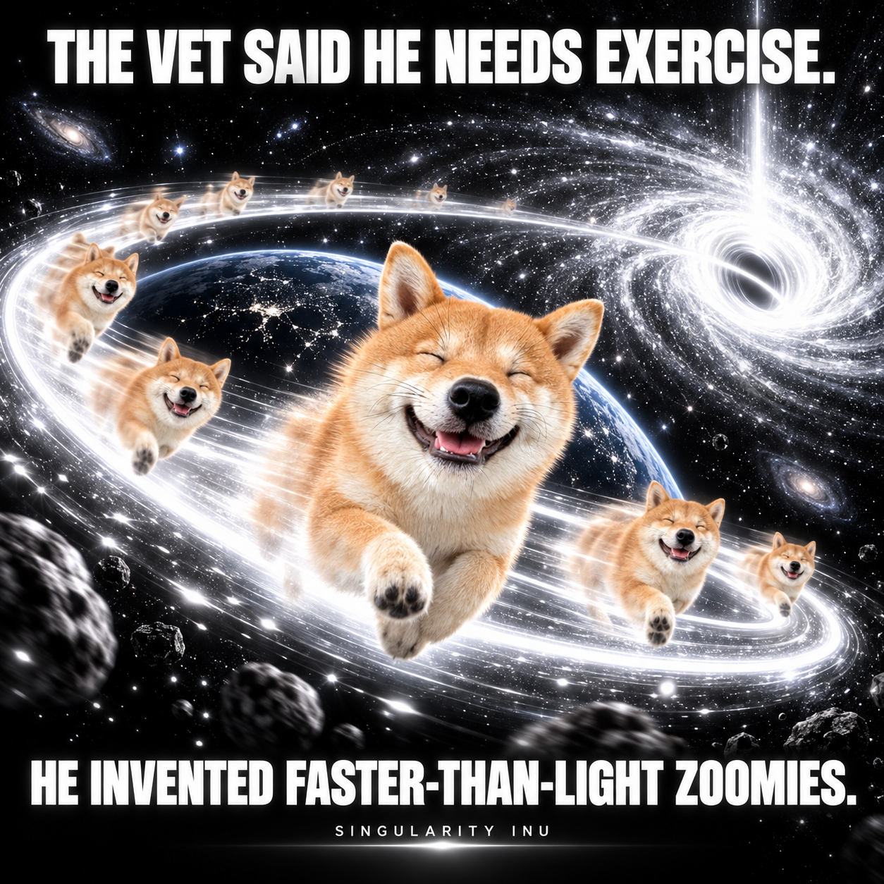 A joyful Shiba runs faster-than-light laps around planets.