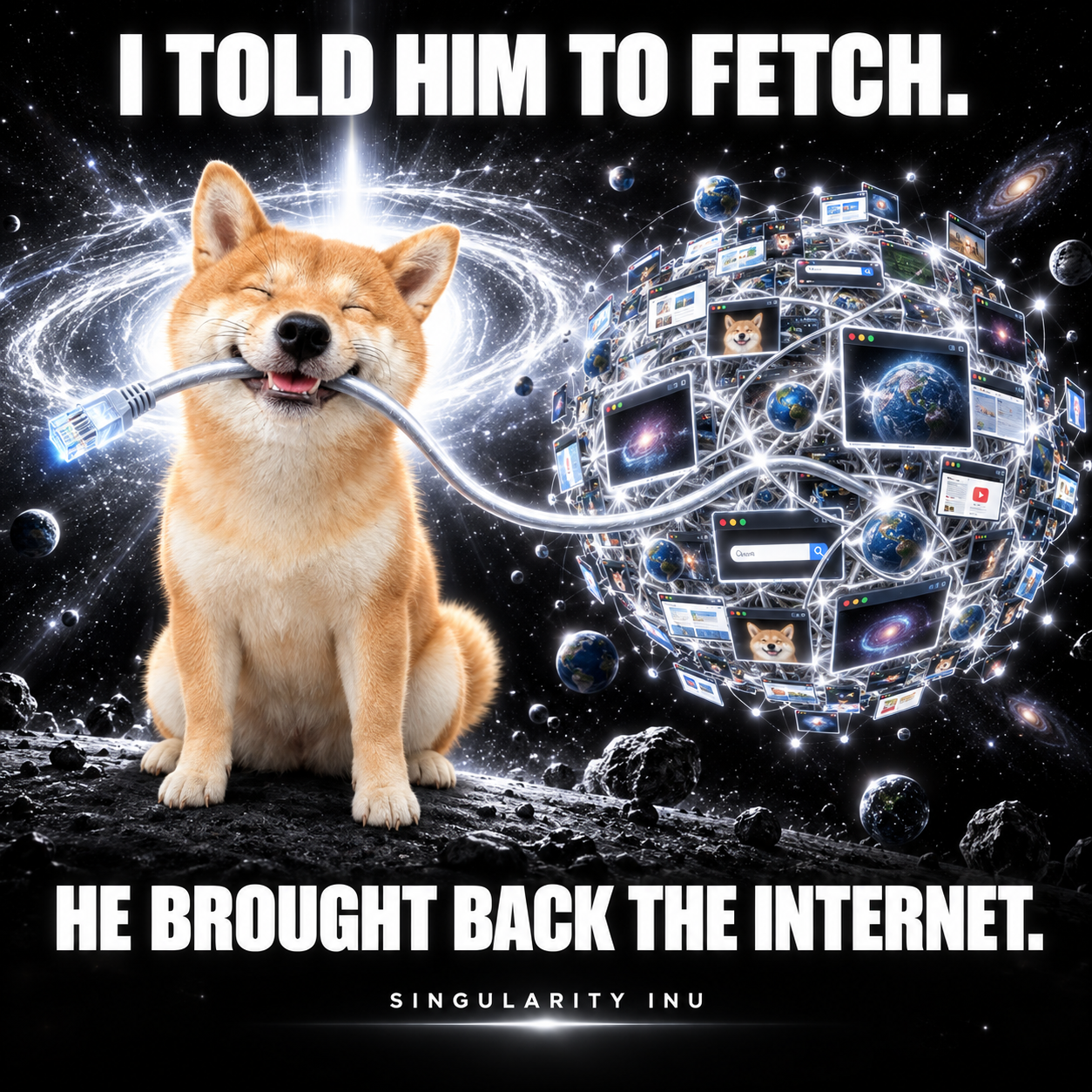 A smiling Shiba retrieves the entire internet as a glowing ball of connected browser windows.