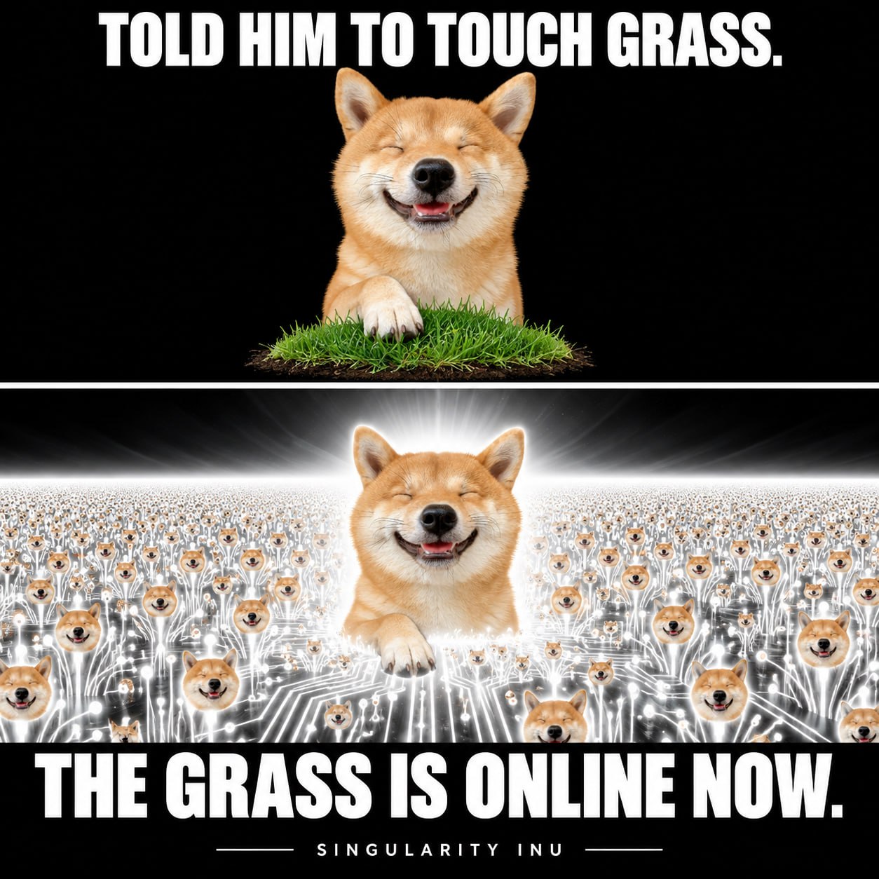 A Shiba touches grass, then turns the field into an enormous glowing network of dogs.
