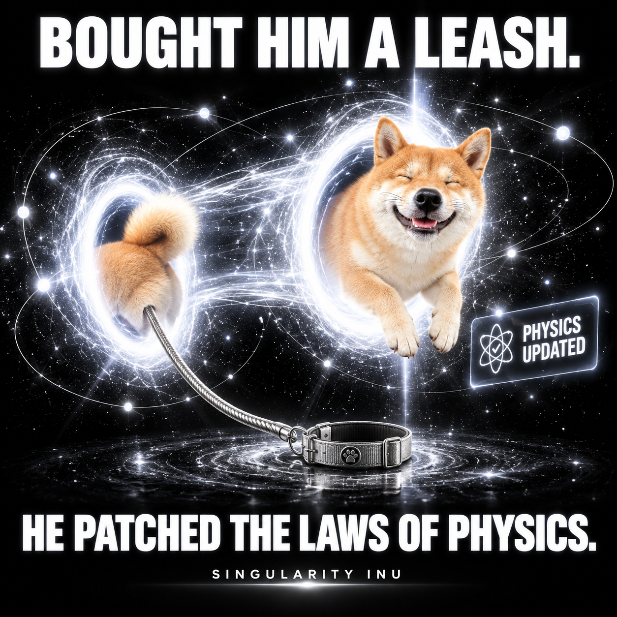 A Shiba escapes his leash through glowing spacetime portals.