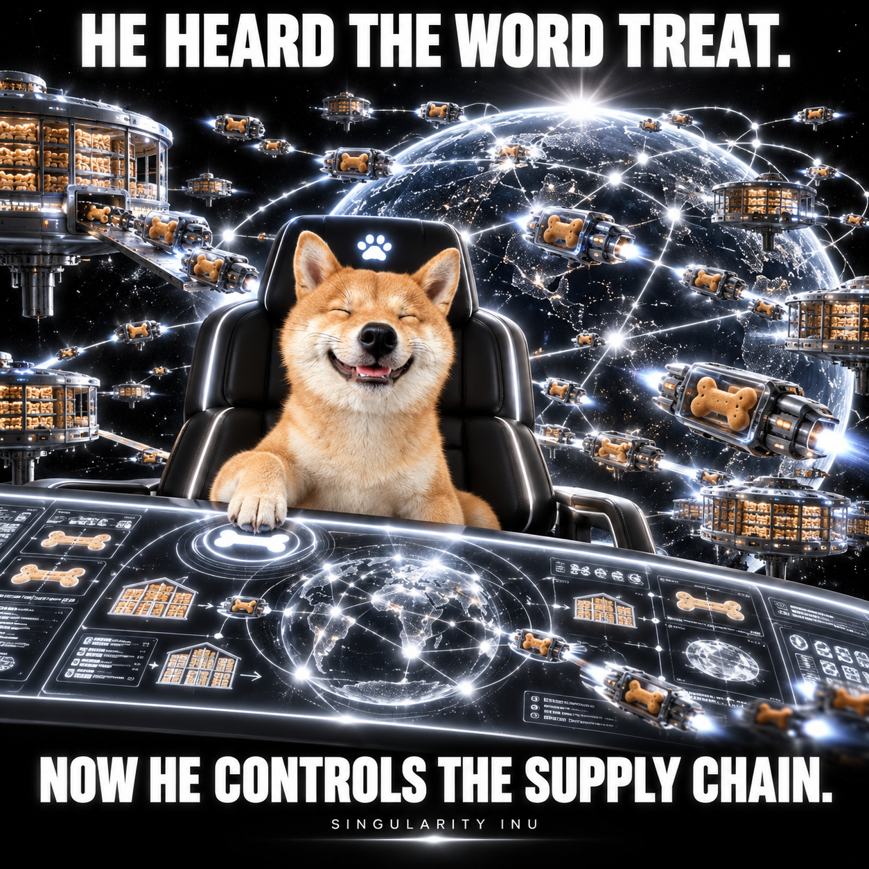 A Shiba commands a cosmic network of dog-treat deliveries.
